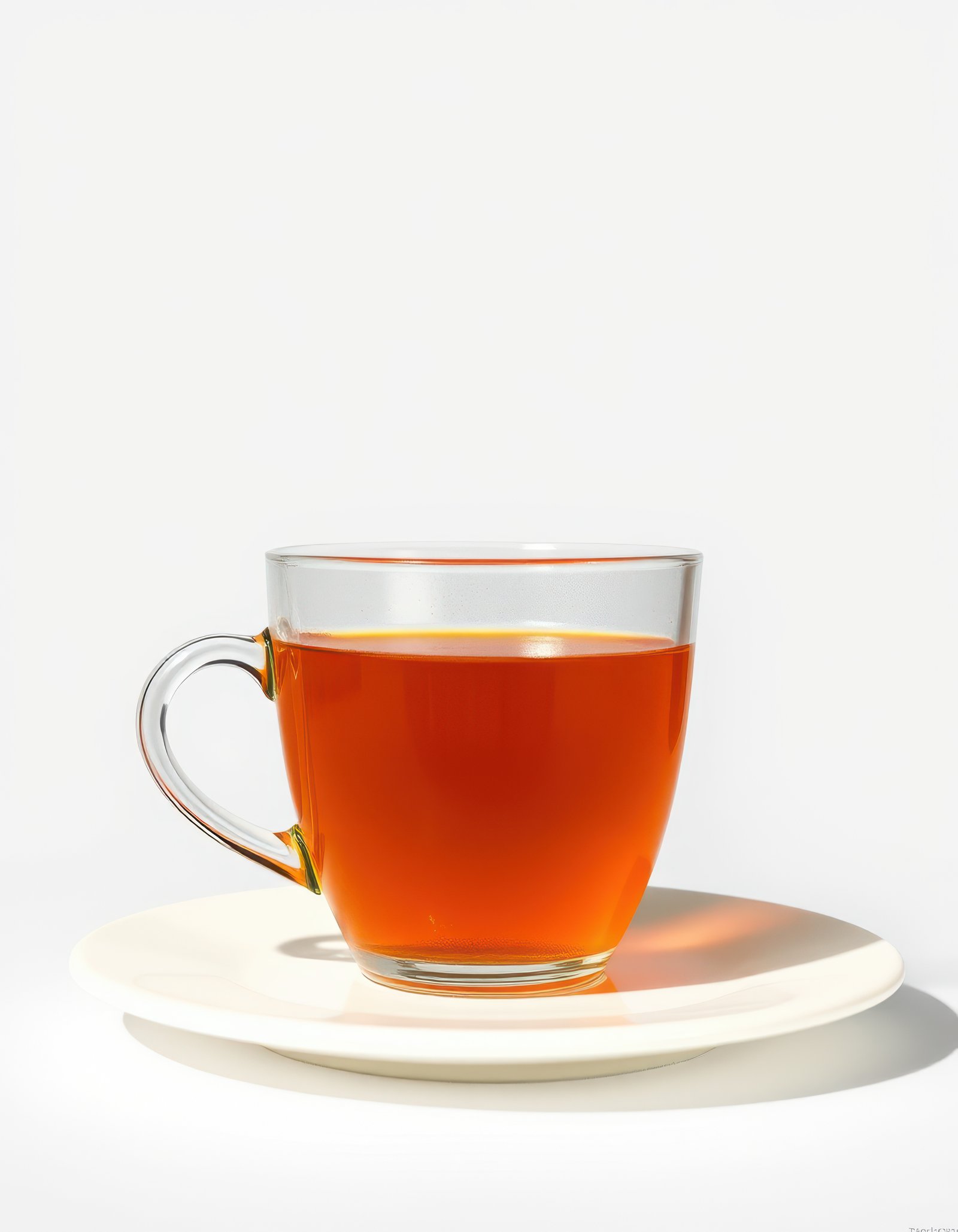 Hot tea served in a clear glass cup on a white saucer against a minimalist background